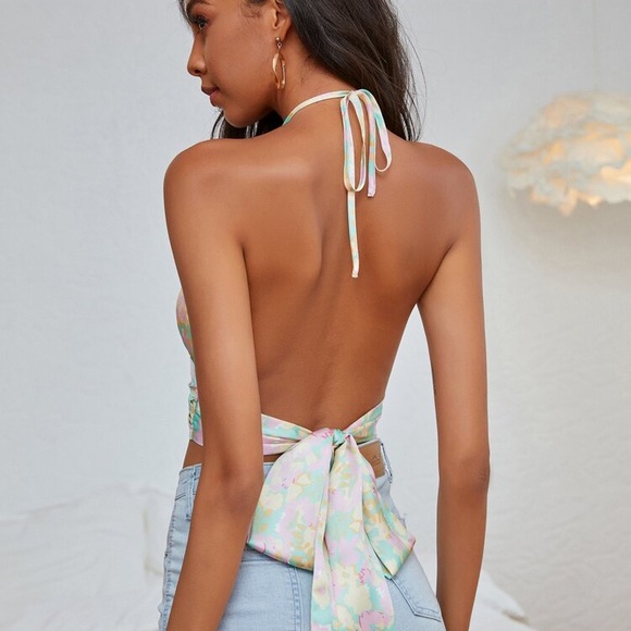 Shein tie back halter floral top - Picture 2 of 4